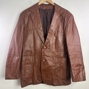 Vintage The Leather  Shop Jacket Mens 40 Brown Leather Blazer Sport Coat USA 70s